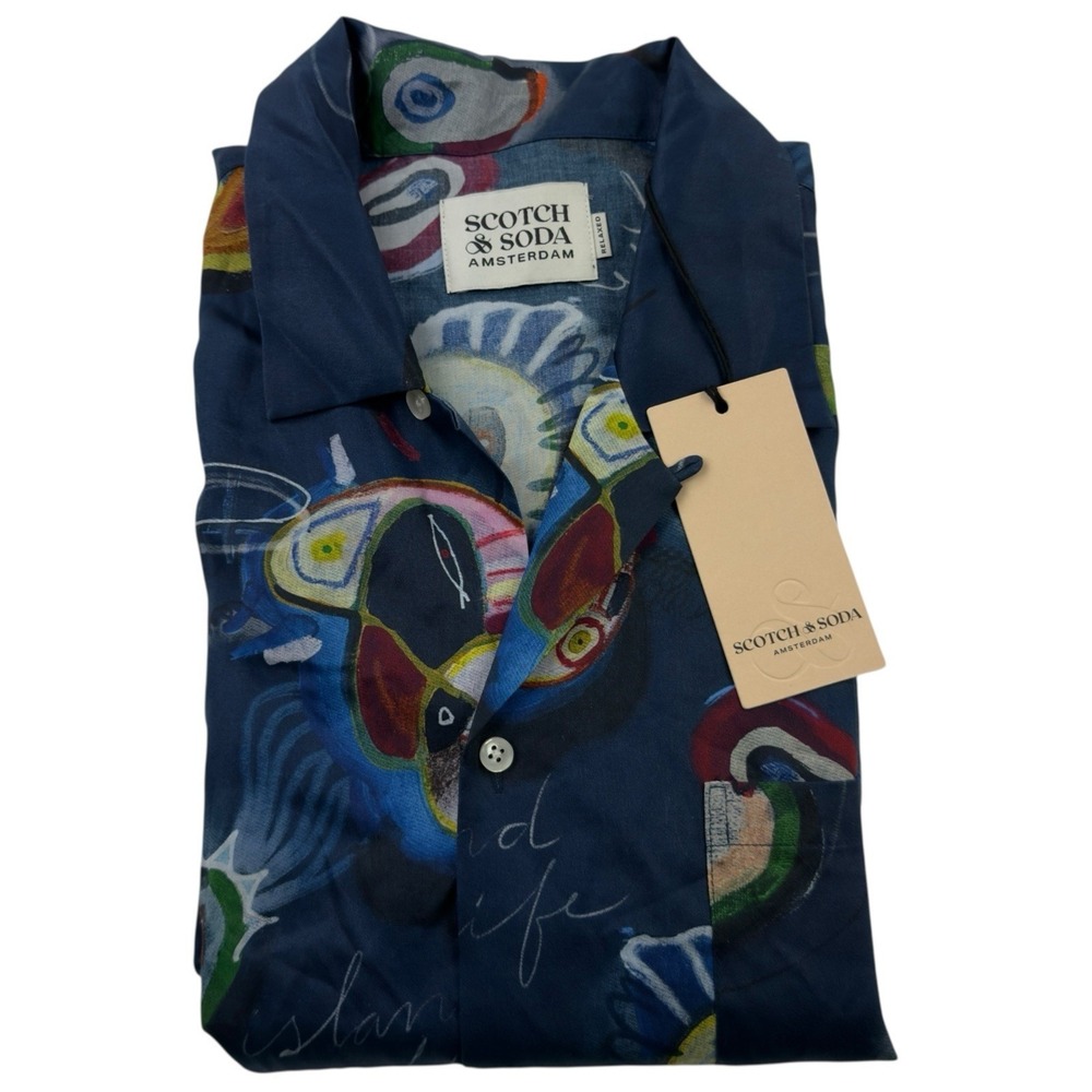 Scotch & Soda Island Shirt Blue Abstract‎ Tencel Relaxed Fit Men's Size XL NWT